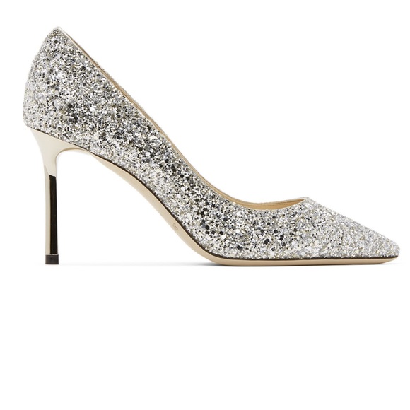 Jimmy Choi Authentic Silver Coarse Glitter Romy 85 Heels - Picture 3 of 9